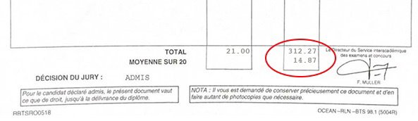 Bulletin relevé de notes de  pour son BTSA GF